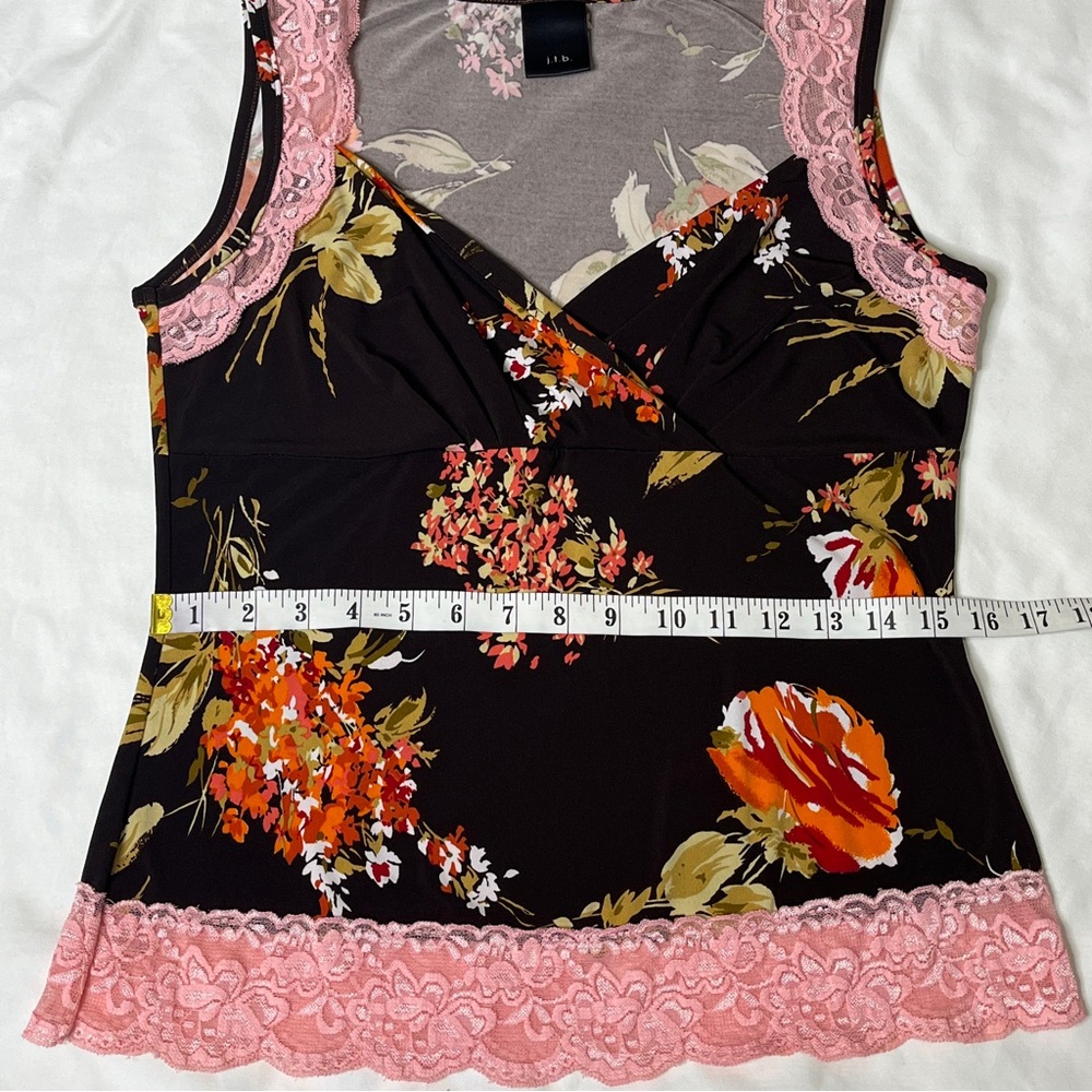 Y2K j.t.b. Floral Print Lace Trim Mock Wrap V Neck Top L Pink Brown Boho Spring - Picture 13 of 15